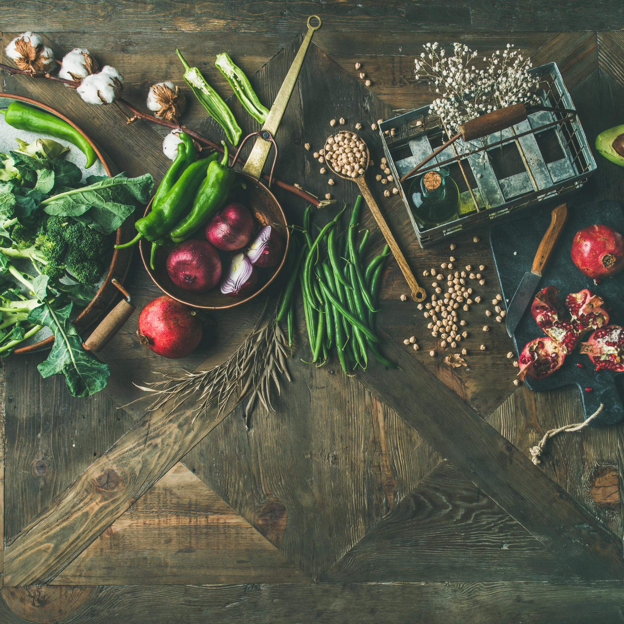 Workshop kitchen with wooden table and fresh ingredients